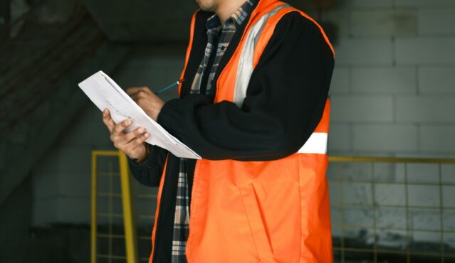 Man in orange safety vest ticking off a maintenance list